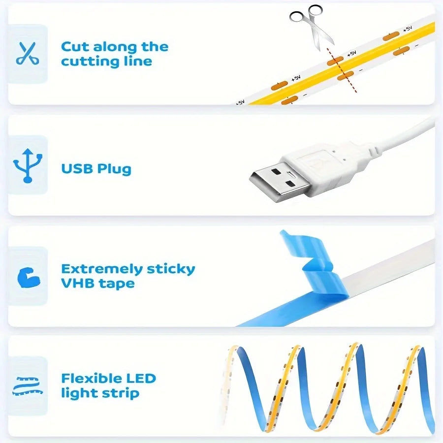 USB COB LED Strip Light with Touch Dimmer – TV & Mirror Backlight