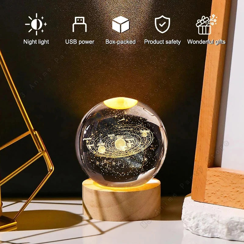 3D Crystal Ball LED Night Light – Galaxy, Saturn & Moon Designs