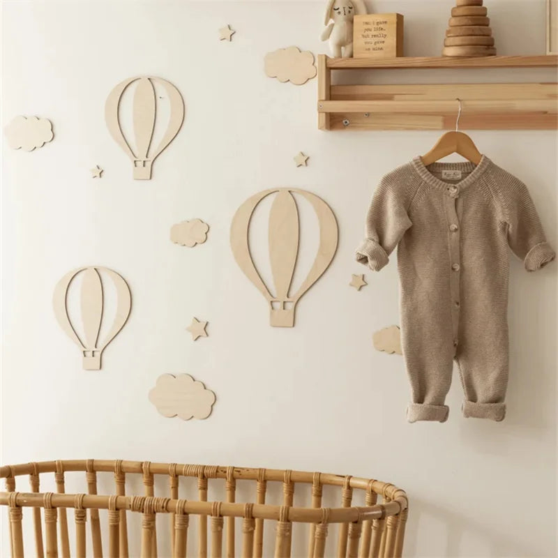 Wooden Hot Air Balloon & Cloud Wall Decoration Set – 13 Pieces