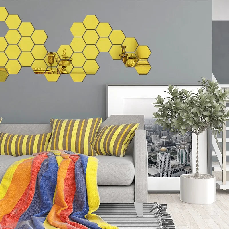 3D Hexagonal Mirror Wall Stickers – Rose Gold (6/12 Pack)