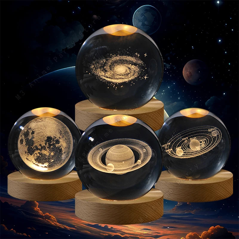 3D Crystal Ball LED Night Light – Galaxy, Saturn & Moon Designs