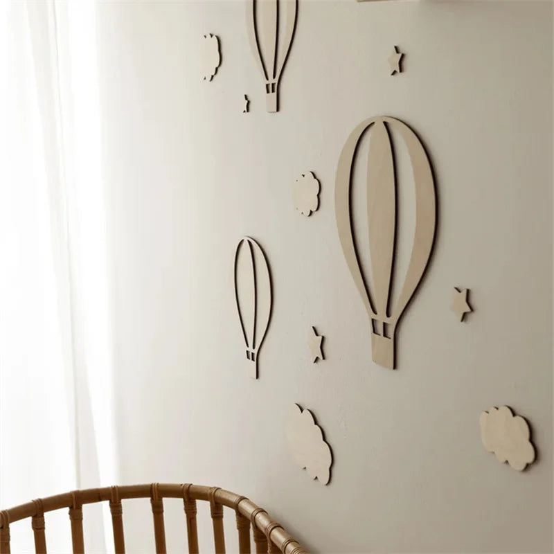 Wooden Hot Air Balloon & Cloud Wall Decoration Set – 13 Pieces