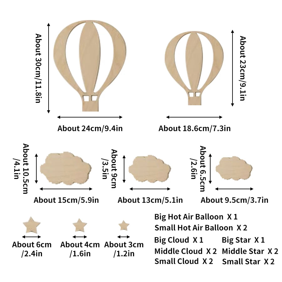 Wooden Hot Air Balloon & Cloud Wall Decoration Set – 13 Pieces