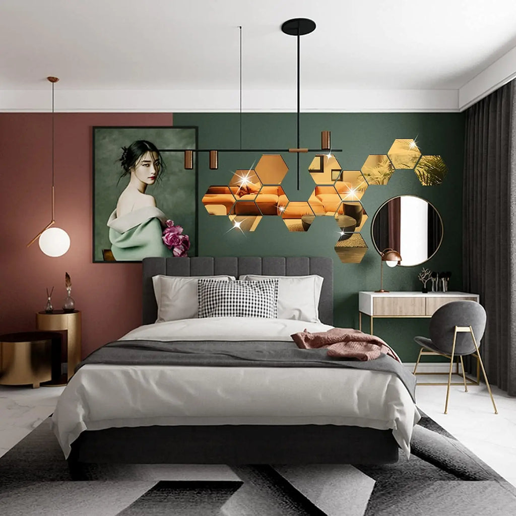 3D Hexagonal Mirror Wall Stickers – Rose Gold (6/12 Pack)