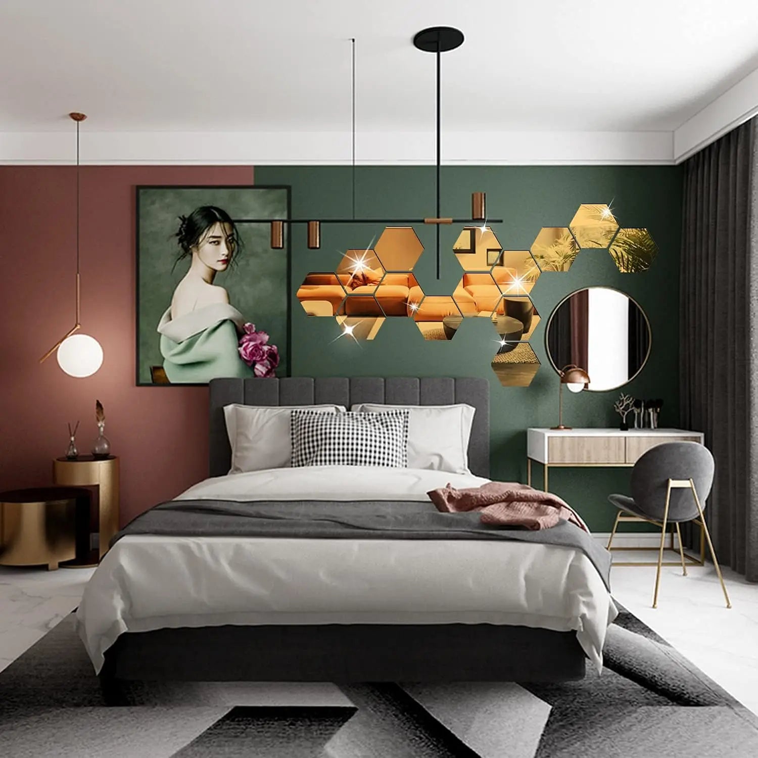 3D Hexagonal Mirror Wall Stickers – Rose Gold (6/12 Pack)