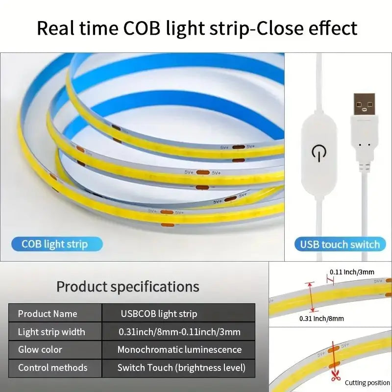 USB COB LED Strip Light with Touch Dimmer – TV & Mirror Backlight