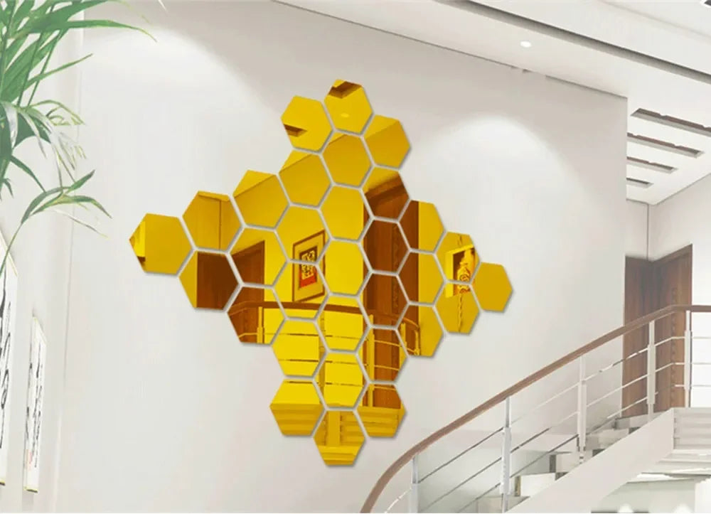 3D Hexagonal Mirror Wall Stickers – Rose Gold (6/12 Pack)