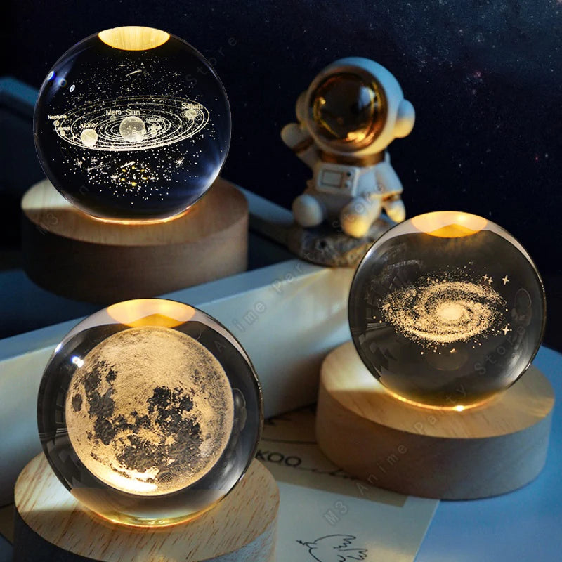 3D Crystal Ball LED Night Light – Galaxy, Saturn & Moon Designs