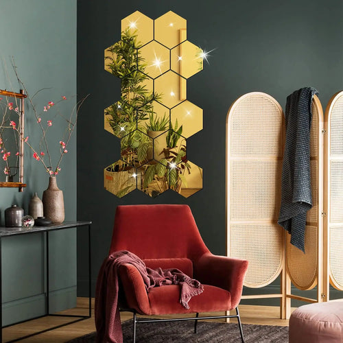 3D Hexagonal Mirror Wall Stickers – Rose Gold (6/12 Pack)