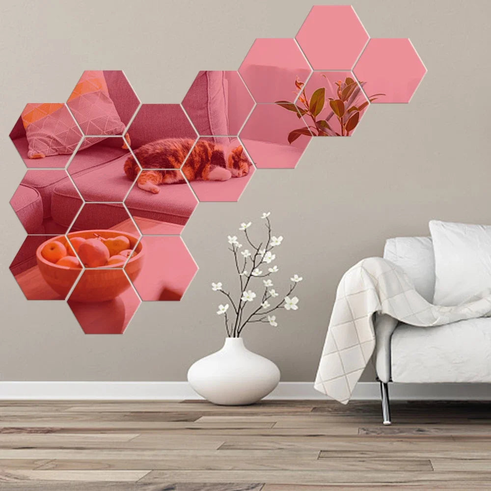 3D Hexagonal Mirror Wall Stickers – Rose Gold (6/12 Pack)
