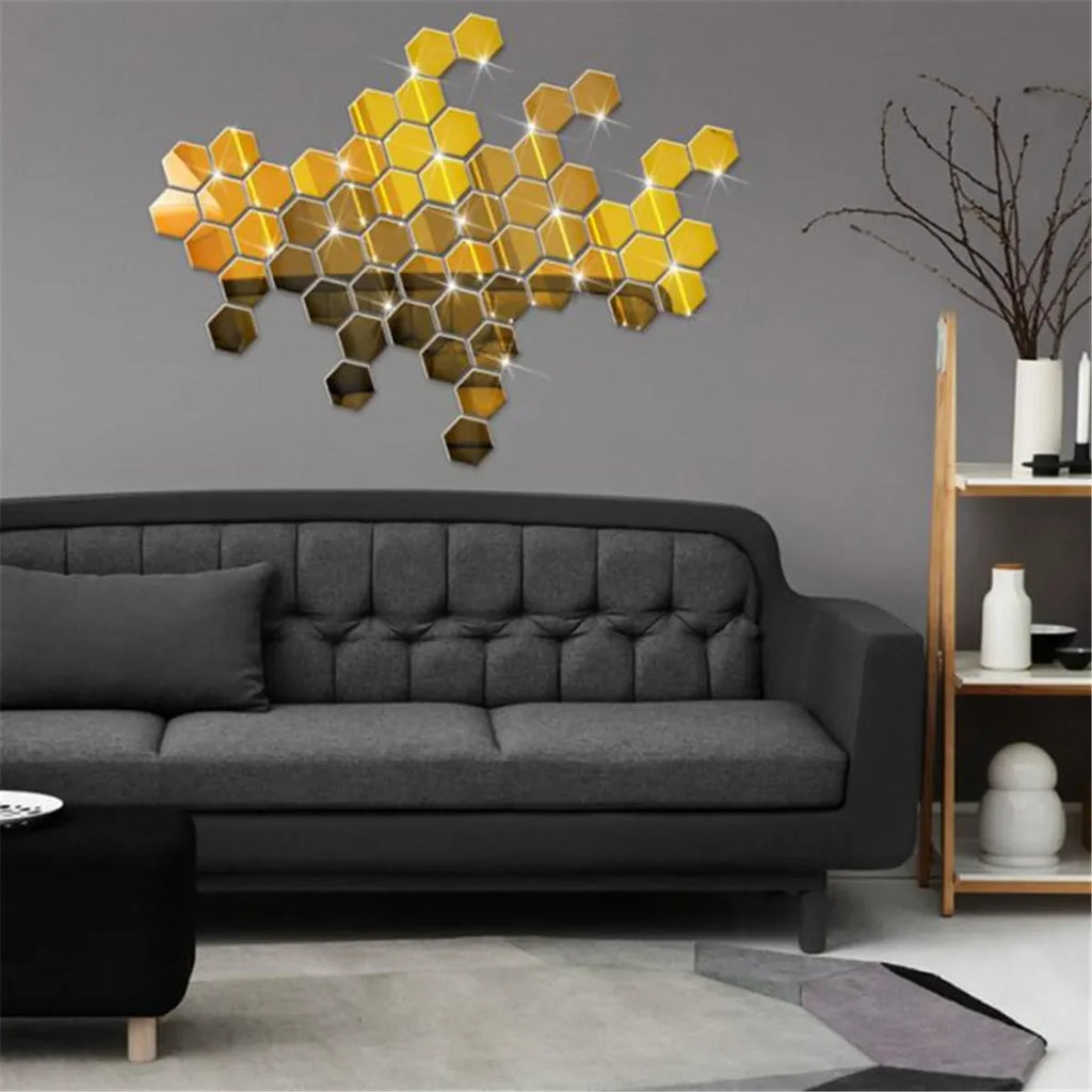 3D Hexagonal Mirror Wall Stickers – Rose Gold (6/12 Pack)