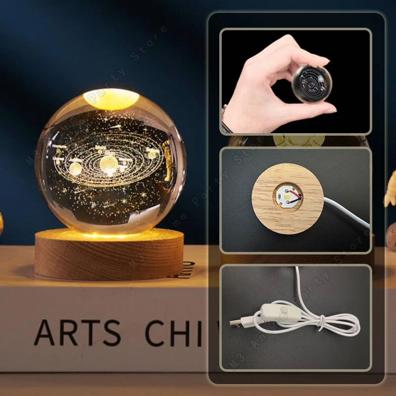 3D Crystal Ball LED Night Light – Galaxy, Saturn & Moon Designs